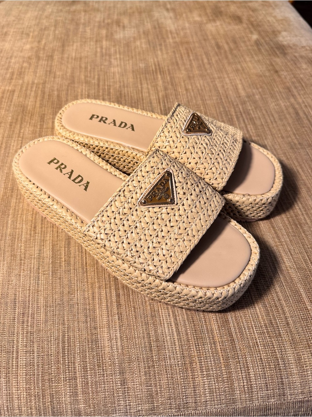Prada Raffia Tan Platform Slides - Picture 5 of 7